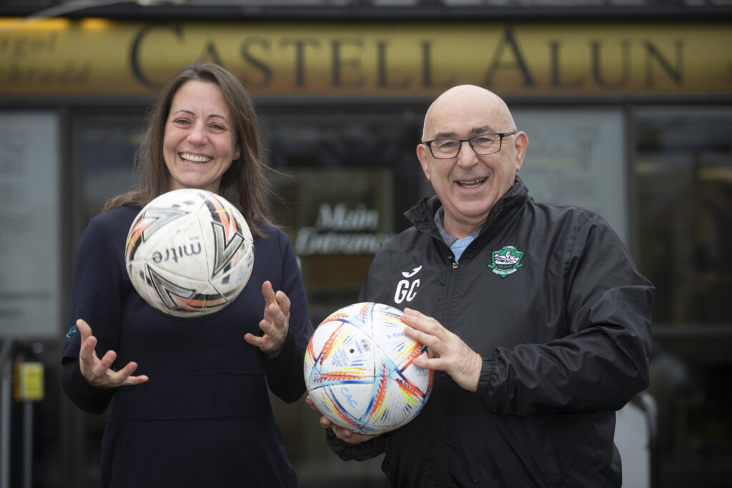 Anwyl-Homes-donation-to-Castell-Alun-Colts-Pictured-Elizabeth-Woosnam-Anwyl-Homes-Advisor-with-Castell-Alun-Colts-Chairman-Gareth-Crewe.-Picture-Mandy-Jones