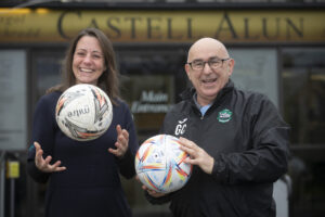 Anwyl-Homes-donation-to-Castell-Alun-Colts-Pictured-Elizabeth-Woosnam-Anwyl-Homes-Advisor-with-Castell-Alun-Colts-Chairman-Gareth-Crewe.-Picture-Mandy-Jones