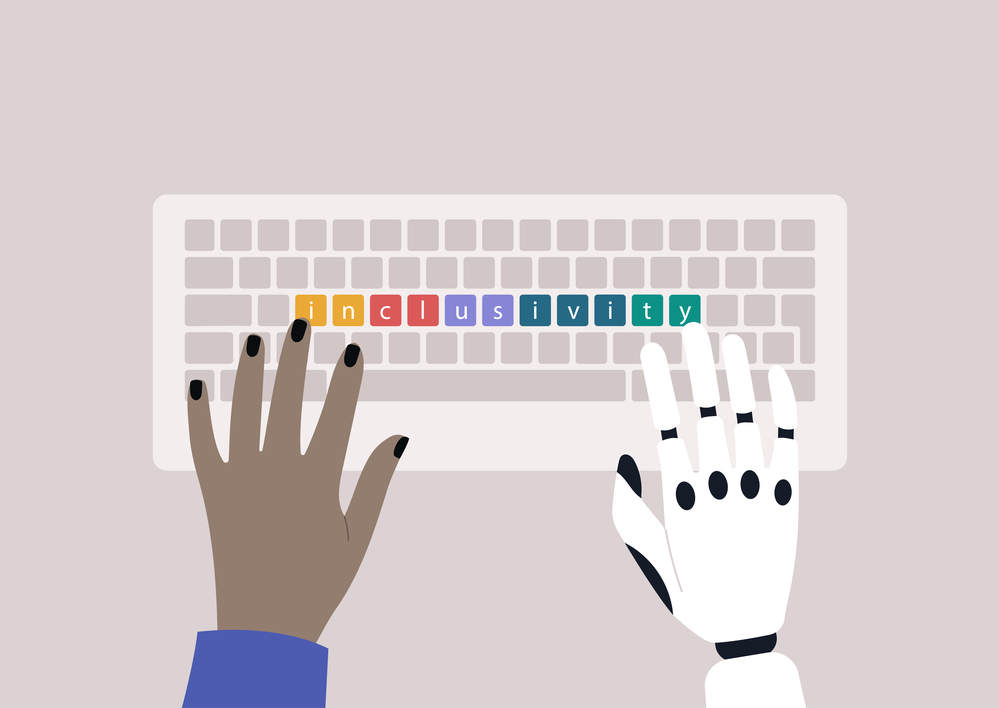 Inclusivity concept, a person with a technological hand prosthes