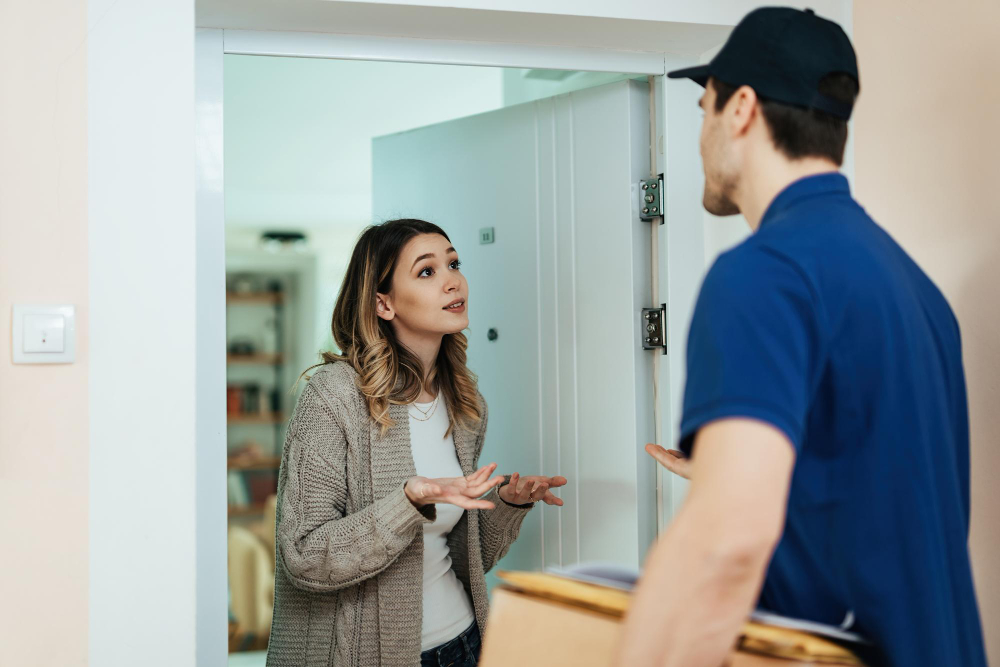 young-displeased-woman-standing-doorway-talking-delivery-man-while-receiving-package
