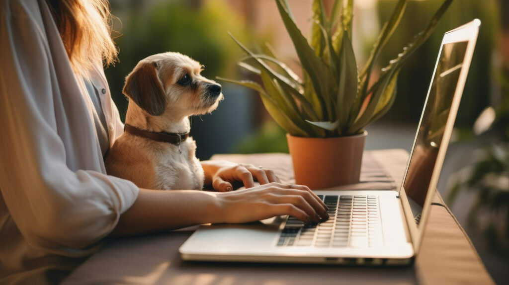 woman-work-laptop-with-cute-puppy-plant-generative-ai (1)
