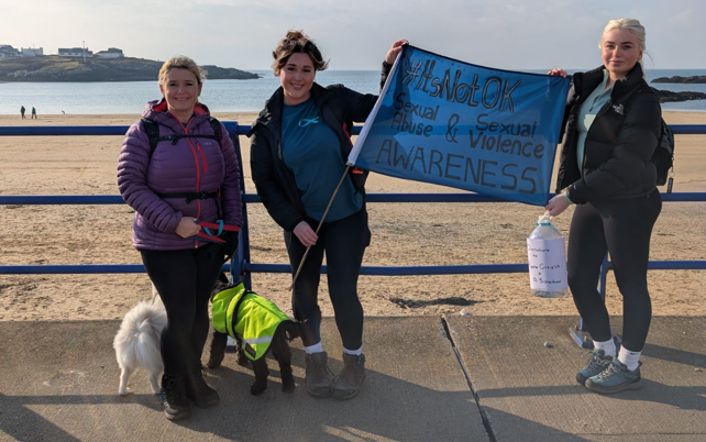 It’s not all glamour – Miss Wales contender Erin Mason, centre, with her mum, Nicola Roberts, and best friend Libby Taylor, on a sponsored walk to raise cash for rape charity