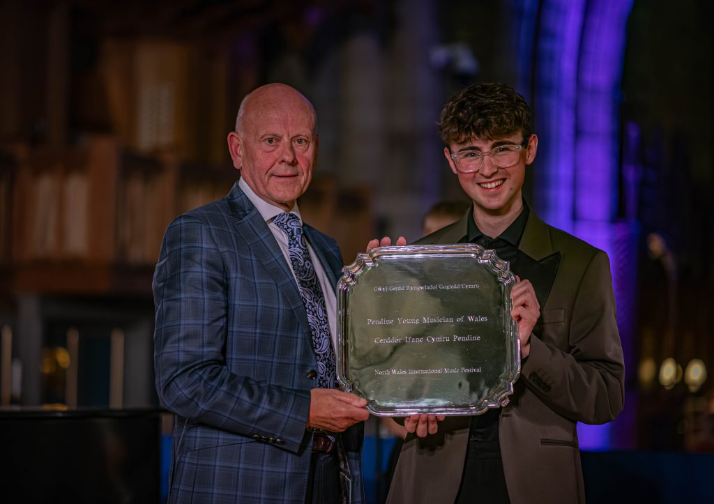 Mario Kreft MBE presents the silver salver to pianist RufusEdwards, winner of the Pendine Young Musician of Wales competition-5