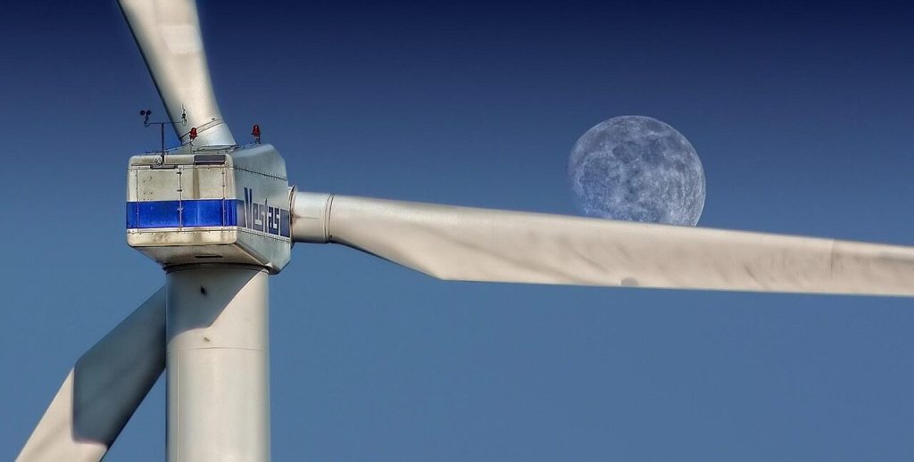windmill, sky, moon, night sky, turbine, wind turbine, wind farm, wind power station, wind power plant, structure, pinwheel, wind energy, wind power, environmental technology, nature, wind park, renewable energy