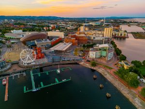 Sunset panorama view of Cardiff bay in Wales.
