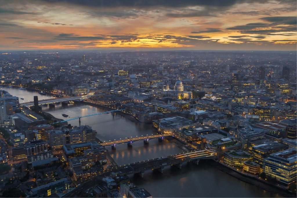 An aerial view of the River Thames and St Paul's Cathedral in London